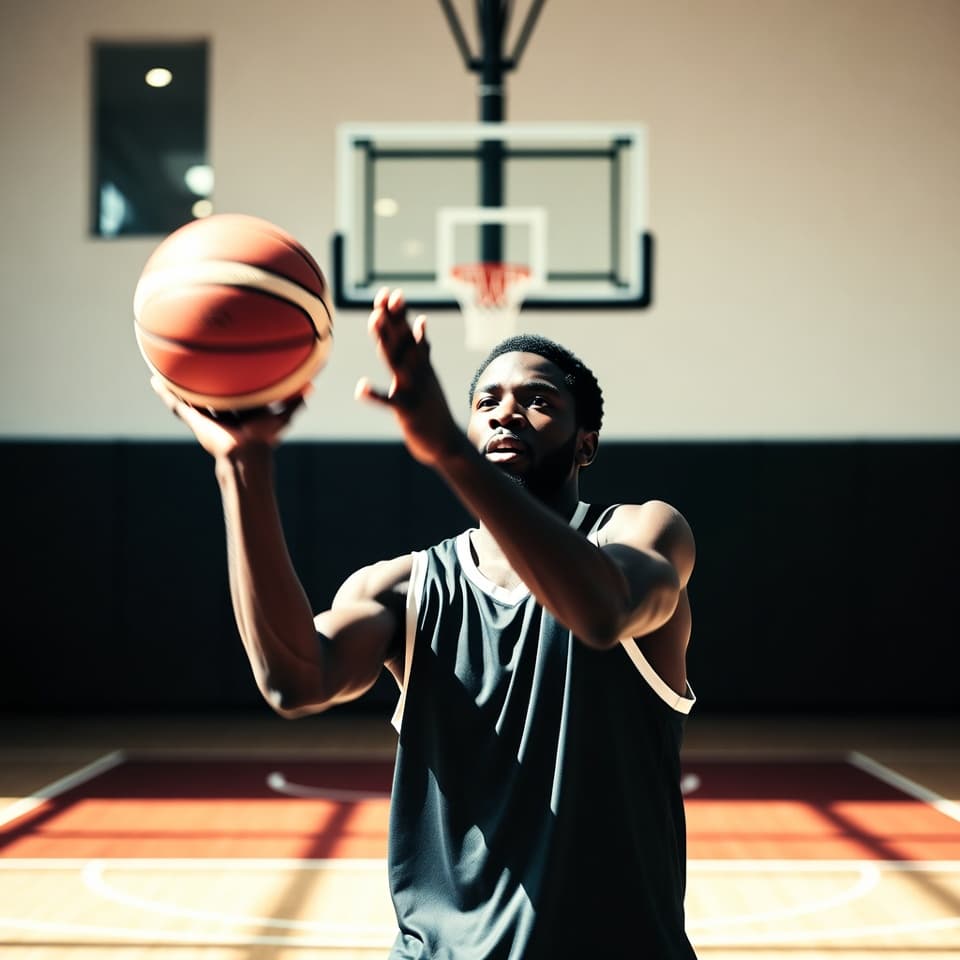 Indoor basketball court, athletic training vibe